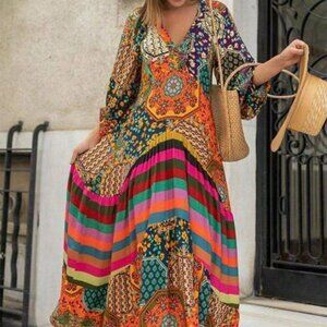 Multicolor Boho Women's Stitching Design Lantern Sleeve Print Dress